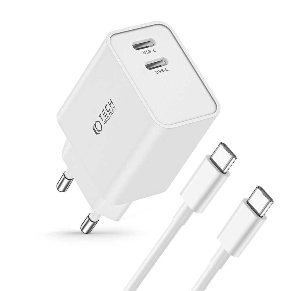 35W Vægoplader m. 2 x USB-C & USB-C Kabel - Tech-Protect - Hvid