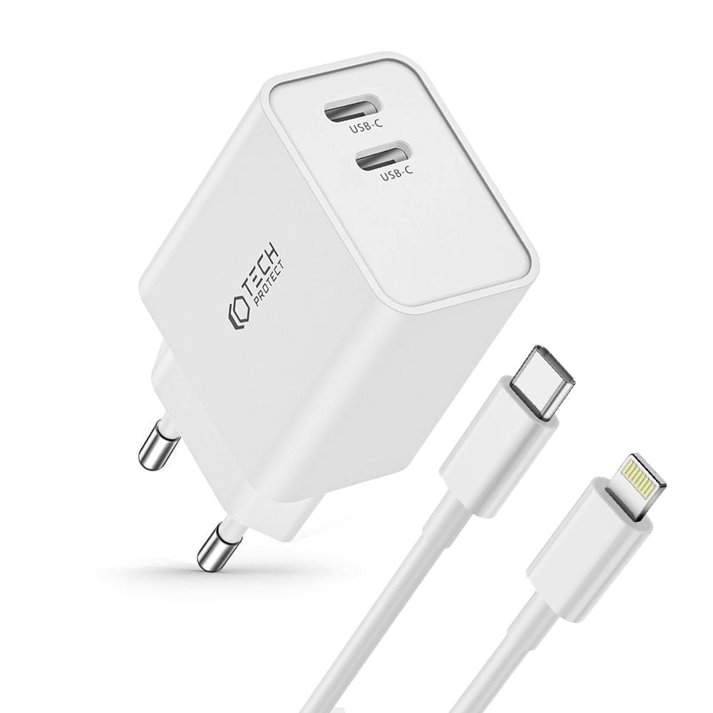 35W Vægoplader m. 2 x USB-C & Lightning Kabel - Tech-Protect - Hvid