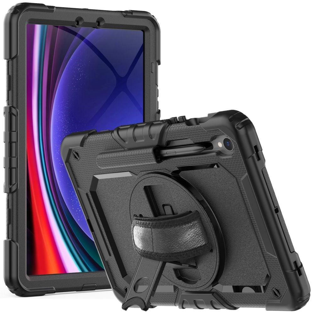 Samsung Galaxy Tab S9 Cover m. Beskyttelsesfilm, Håndholder & Skulderstrop - Tech-Protect Solid360 - Sort