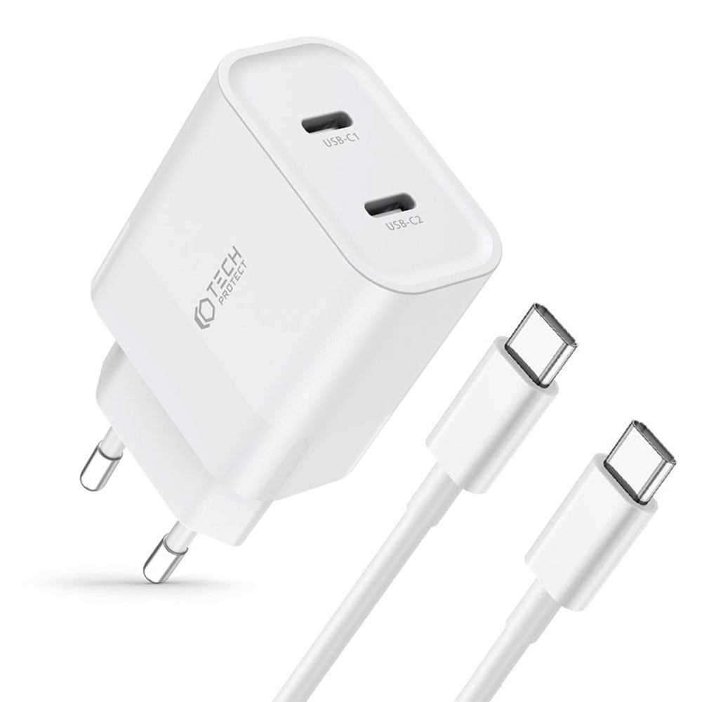20W Vægoplader m. 2 x USB-C & USB-C Kabel fra Tech-Protect - Hvid