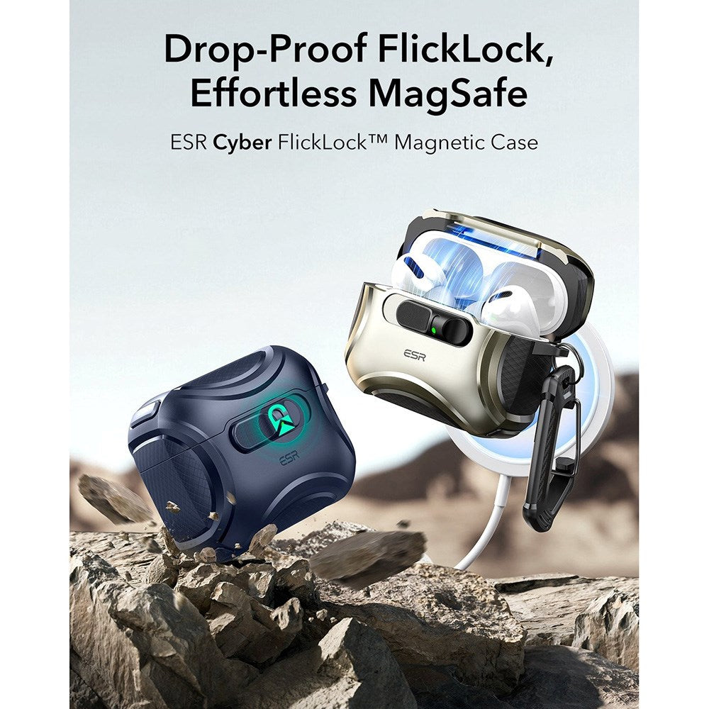 ESR AirPods Pro (3. gen.) Cyber FlickLock Case m. Karabinhage & Lås - Mørkeblå
