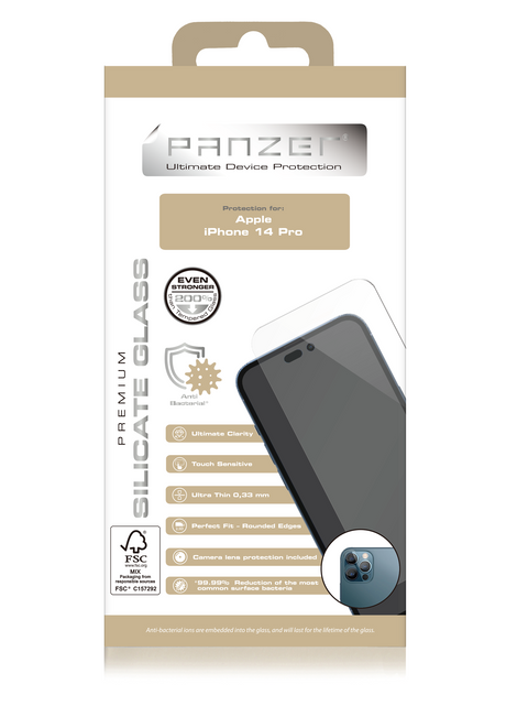 PANZER iPhone 14 Pro Skærmbeskyttelsesglas Premium - Ultimate Clarity - Anti-bacterial - Inkl. Kamera Beskyttelse