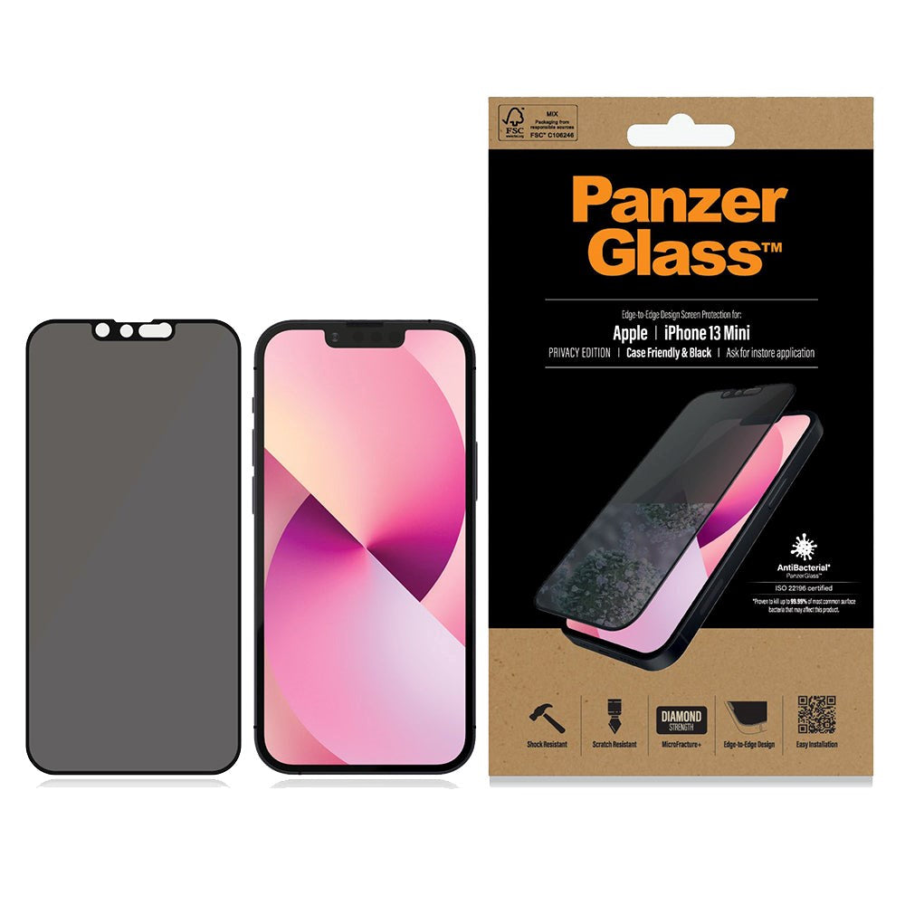 iPhone 13 Mini PanzerGlass AntiBacterial Edge-to-Edge Beskyttelsesglas - Privacy Glass - Sort Kant