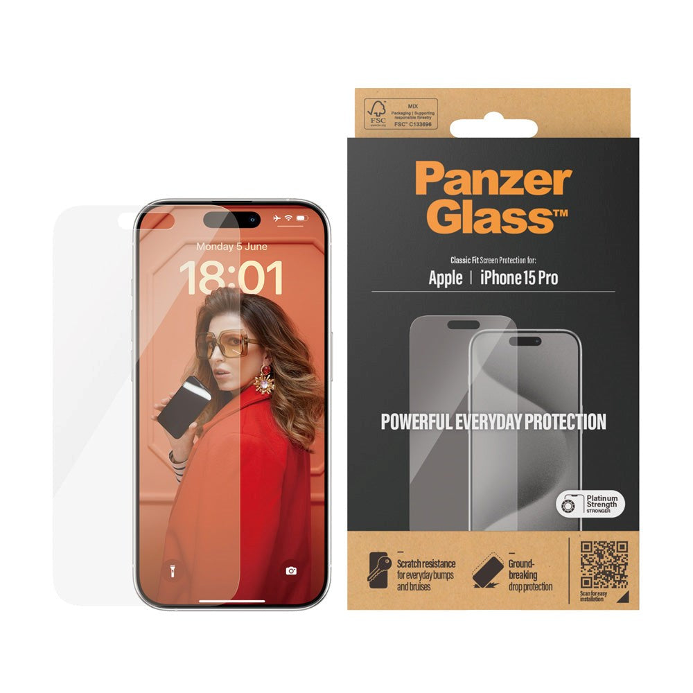 PanzerGlass iPhone 15 Pro Classic Fit Beskyttelsesglas - Platinum Strength - Gennemsigtig