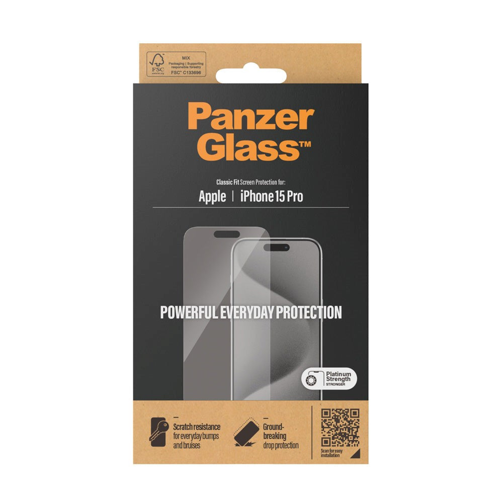PanzerGlass iPhone 15 Pro Classic Fit Beskyttelsesglas - Platinum Strength - Gennemsigtig