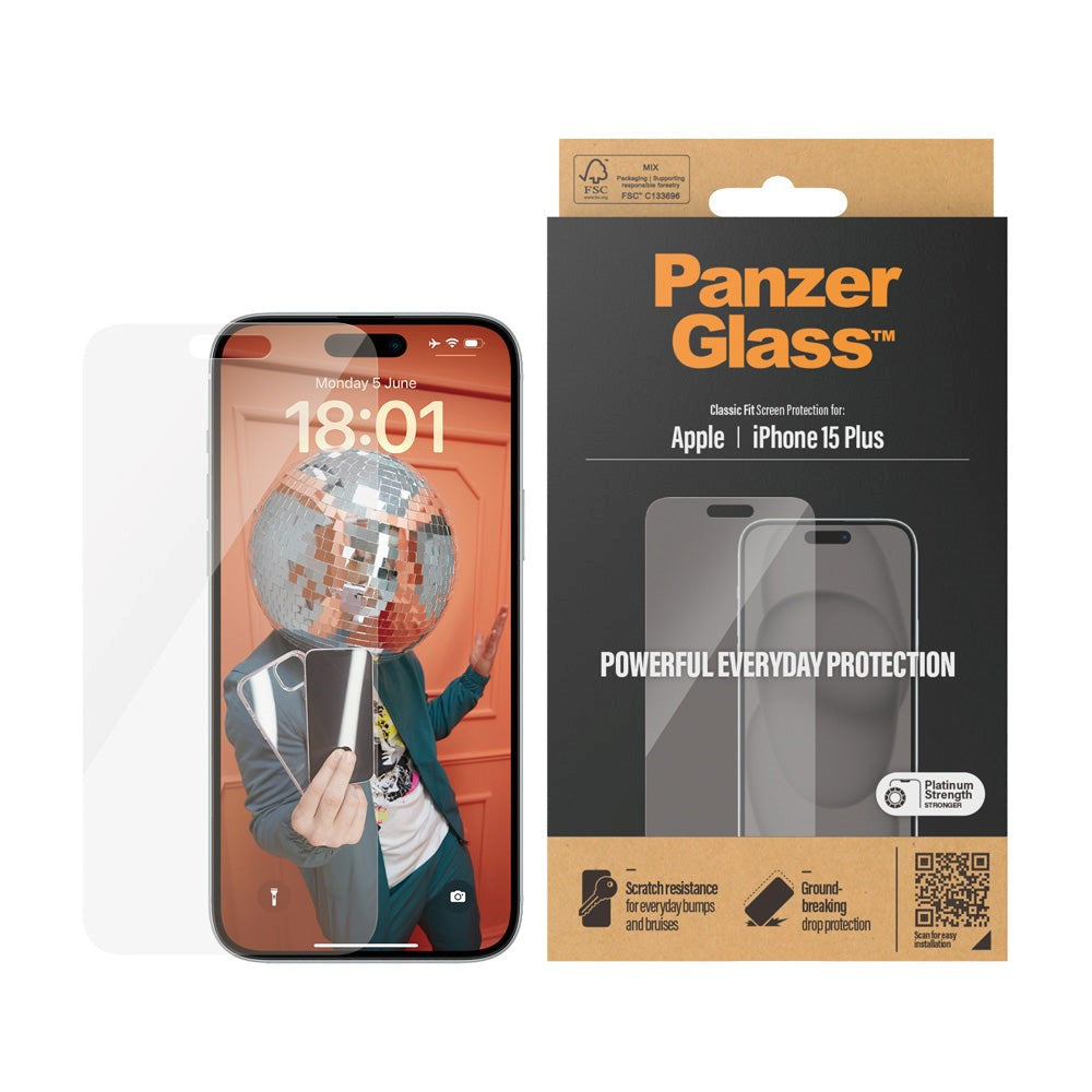 PanzerGlass iPhone 15 Plus / 16 Plus Classic Fit Beskyttelsesglas - Platinum Strength - Gennemsigtig