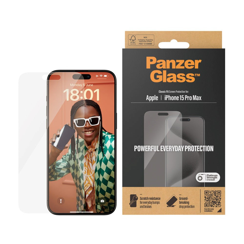 PanzerGlass iPhone 15 Pro Max Classic Fit Beskyttelsesglas - Platinum Strength - Gennemsigtig