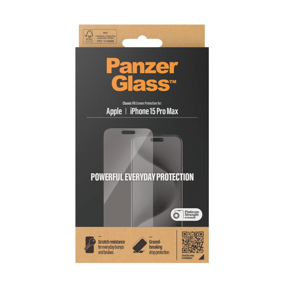 PanzerGlass iPhone 15 Pro Max Classic Fit Beskyttelsesglas - Platinum Strength - Gennemsigtig