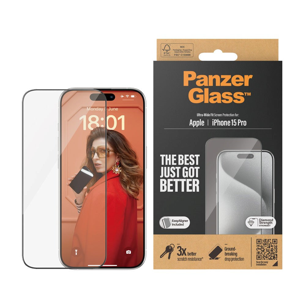 PanzerGlass iPhone 15 Pro Ultra Wide Fit Beskyttelsesglas m. EasyAligner - Diamond Strength - Gennemsigtig