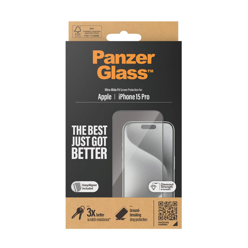 PanzerGlass iPhone 15 Pro Ultra Wide Fit Beskyttelsesglas m. EasyAligner - Diamond Strength - Gennemsigtig