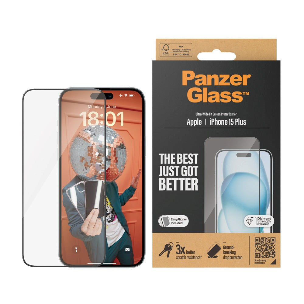 PanzerGlass iPhone 15 Plus / 16 Plus Ultra Wide Fit Beskyttelsesglas m. EasyAligner - Diamond Strength - Gennemsigtig / Sort Kant