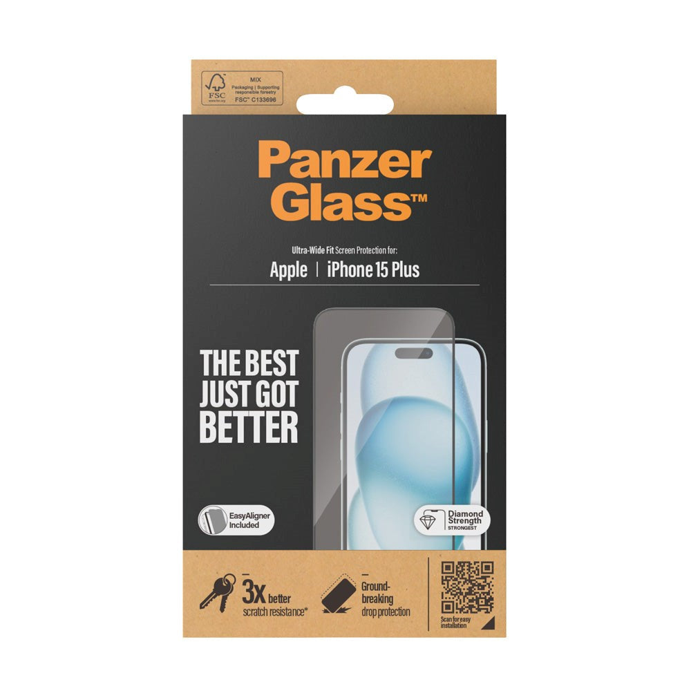PanzerGlass iPhone 15 Plus / 16 Plus Ultra Wide Fit Beskyttelsesglas m. EasyAligner - Diamond Strength - Gennemsigtig / Sort Kant
