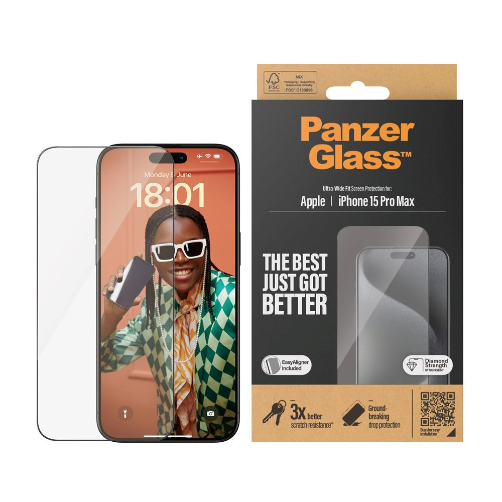 PanzerGlass iPhone 15 Pro Max Ultra Wide Fit Beskyttelsesglas m. EasyAligner - Diamond Strength - Gennemsigtig / Sort Kant