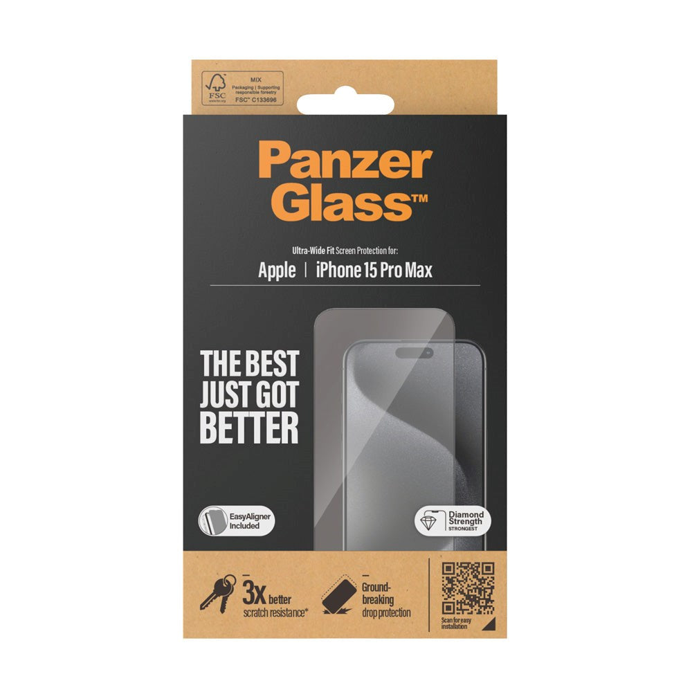 PanzerGlass iPhone 15 Pro Max Ultra Wide Fit Beskyttelsesglas m. EasyAligner - Diamond Strength - Gennemsigtig / Sort Kant