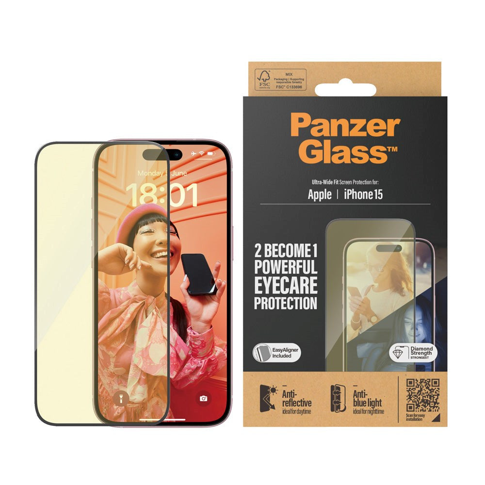 PanzerGlass iPhone 15 / 16 Ultra Wide Fit Beskyttelsesglas m. EasyAligner - Anti-Reflective - Anti-Blue Light - Diamond Strength - Gennemsigtig / Sort Kant