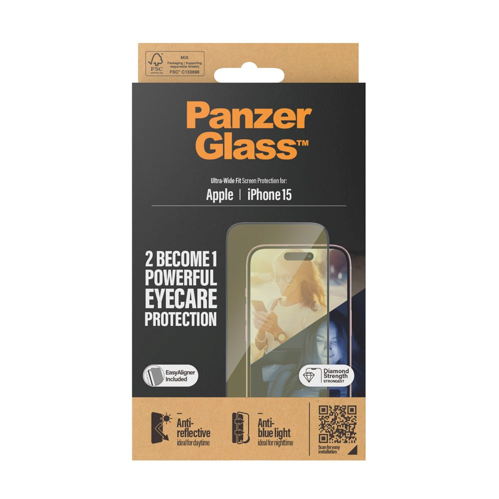 PanzerGlass iPhone 15 / 16 Ultra Wide Fit Beskyttelsesglas m. EasyAligner - Anti-Reflective - Anti-Blue Light - Diamond Strength - Gennemsigtig / Sort Kant