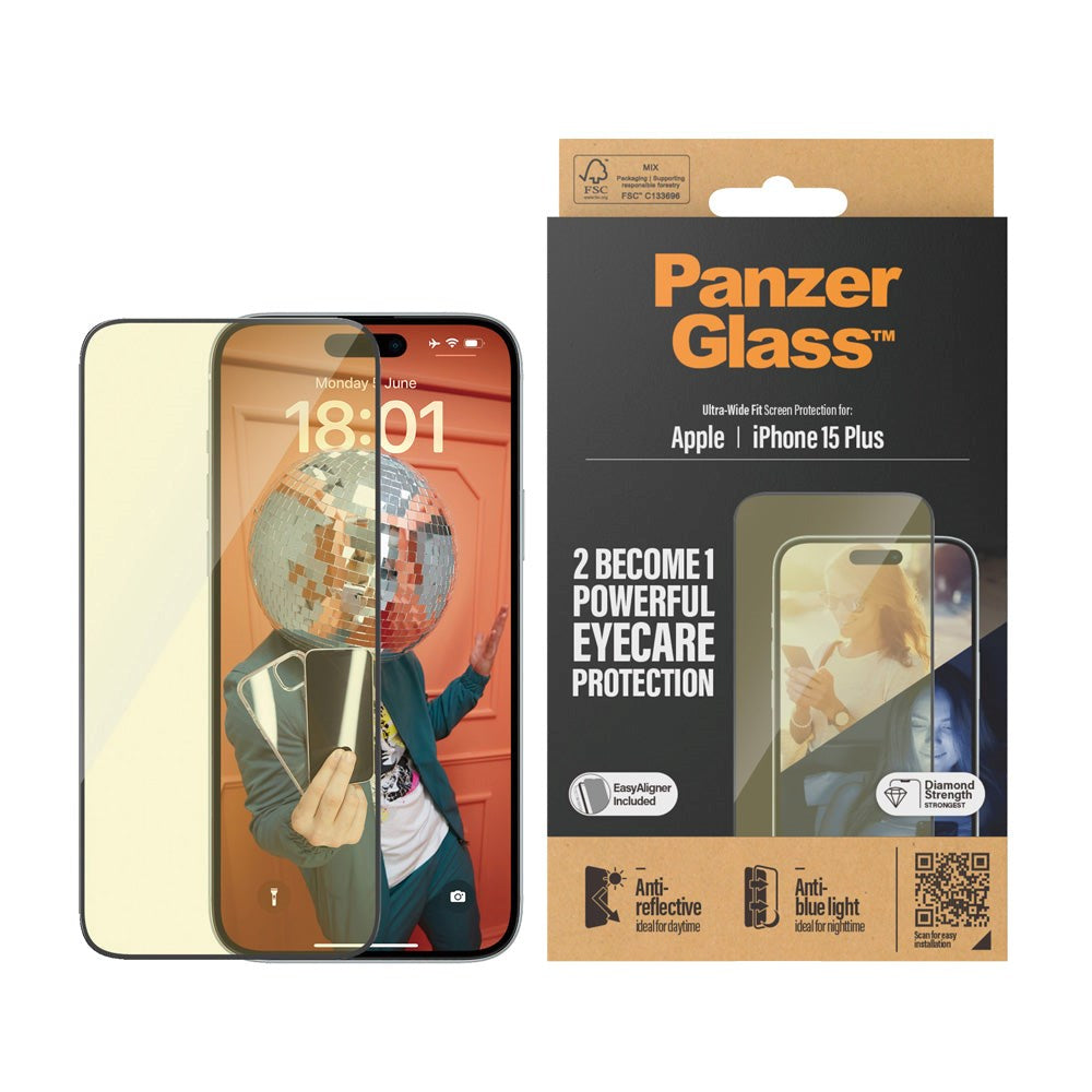 PanzerGlass iPhone 15 Plus Ultra Wide Fit Beskyttelsesglas m. EasyAligner - Anti-Reflective - Anti-Blue Light - Diamond Strength - Gennemsigtig / Sort Kant