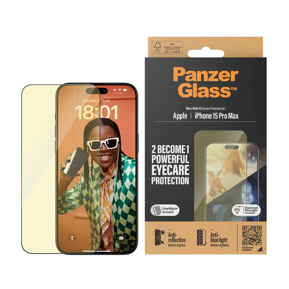 PanzerGlass iPhone 15 Pro Max Ultra Wide Fit Beskyttelsesglas m. EasyAligner - Anti-Reflective - Anti-Blue Light - Diamond Strength - Gennemsigtig / Sort Kant
