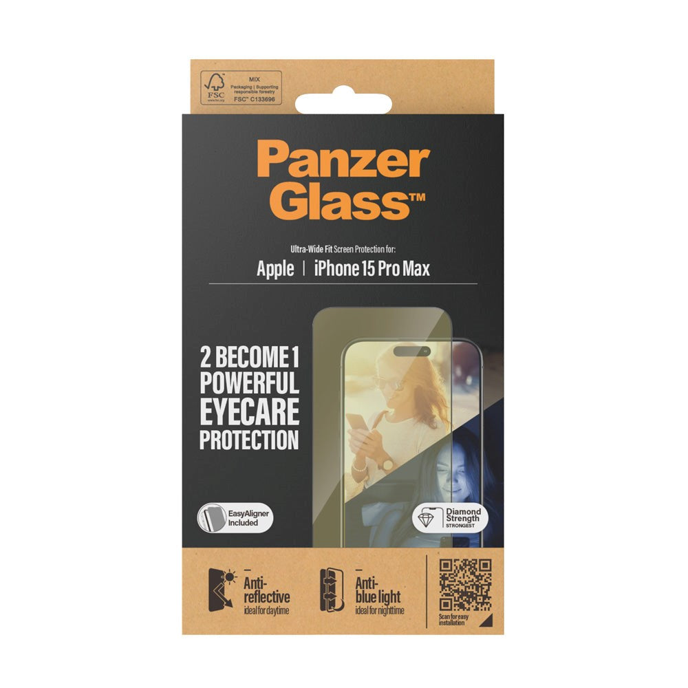 PanzerGlass iPhone 15 Pro Max Ultra Wide Fit Beskyttelsesglas m. EasyAligner - Anti-Reflective - Anti-Blue Light - Diamond Strength - Gennemsigtig / Sort Kant