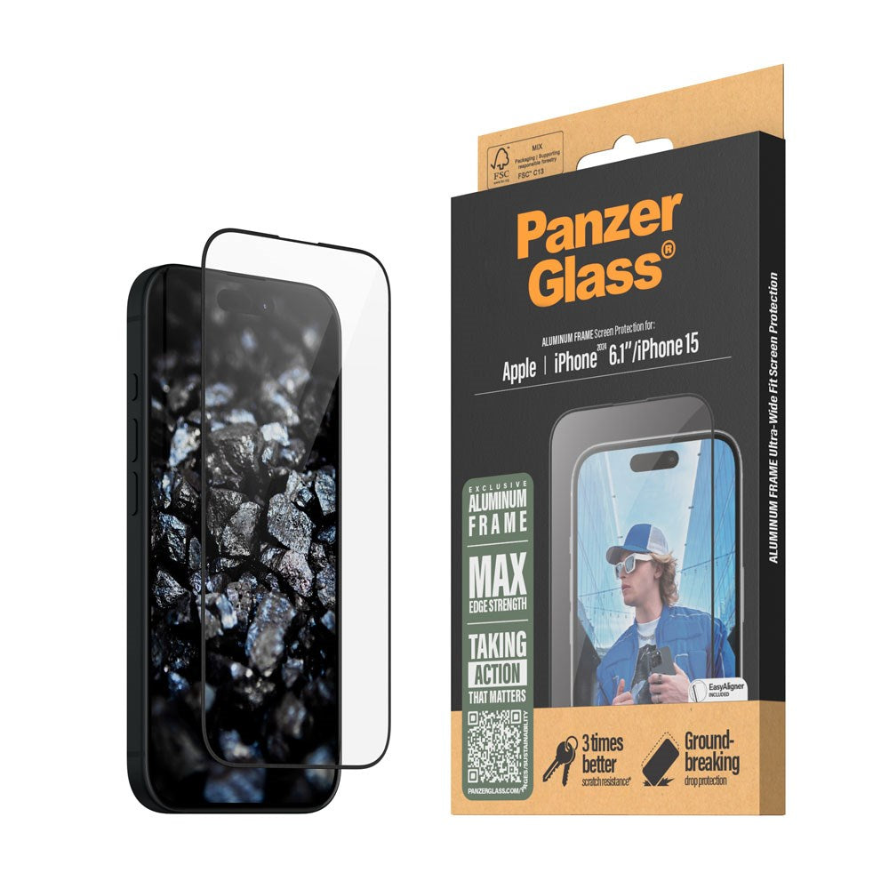 PanzerGlass iPhone 16 Ultra Wide Fit Beskyttelsesglas m. EasyAligner - Aluminum Frame - Diamond Strength - Gennemsigtig / Sort Kant