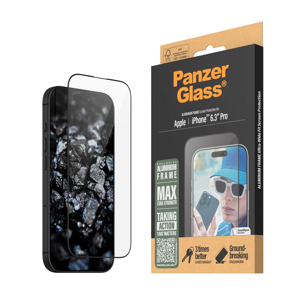 PanzerGlass iPhone 16 Pro Ultra Wide Fit Beskyttelsesglas m. EasyAligner - Aluminum Frame - Diamond Strength - Gennemsigtig / Sort Kant