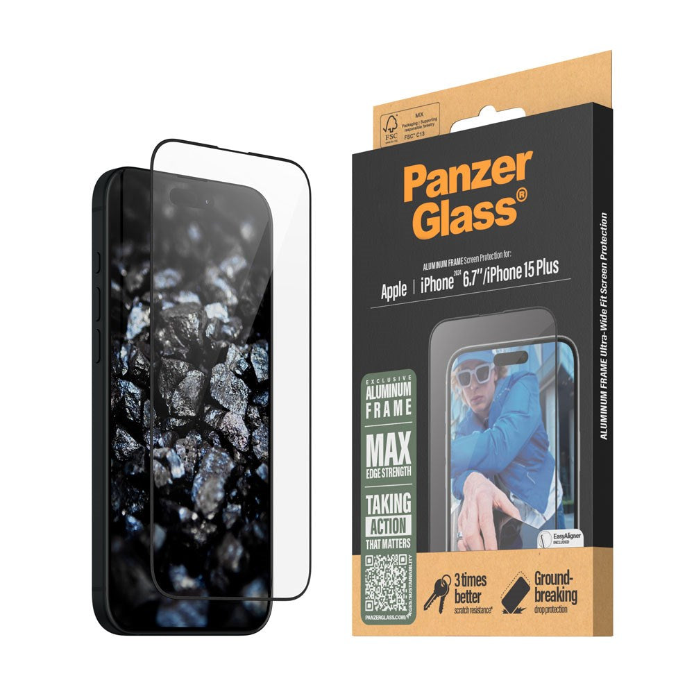 PanzerGlass iPhone 16 Plus Ultra Wide Fit Beskyttelsesglas m. EasyAligner - Aluminum Frame - Diamond Strength - Gennemsigtig / Sort Kant