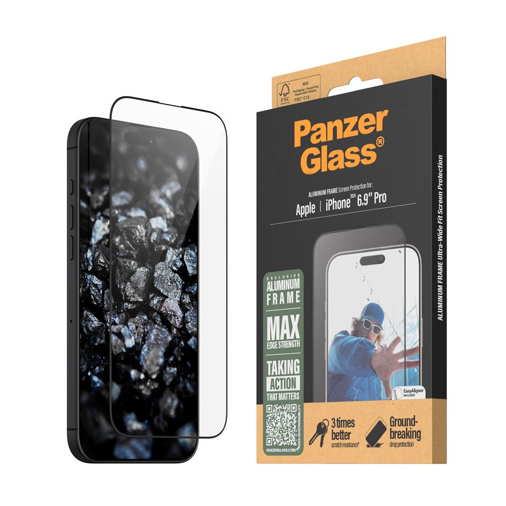 PanzerGlass iPhone 16 Pro Max Ultra Wide Fit Beskyttelsesglas m. EasyAligner - Aluminum Frame - Diamond Strength - Gennemsigtig / Sort Kant