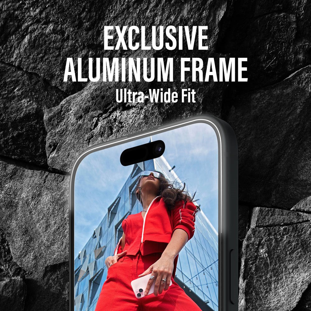 PanzerGlass iPhone 16 Pro Max Ultra Wide Fit Beskyttelsesglas m. EasyAligner - Aluminum Frame - Diamond Strength - Gennemsigtig / Sort Kant