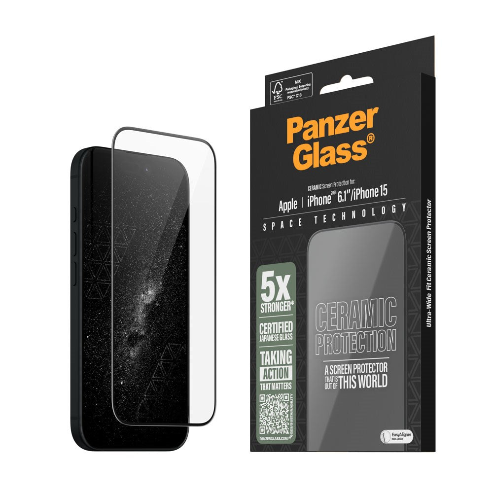 PanzerGlass iPhone 15 / 16 Ultra Wide Fit Ceramic Beskyttelsesglas m. EasyAligner - Sort Kant
