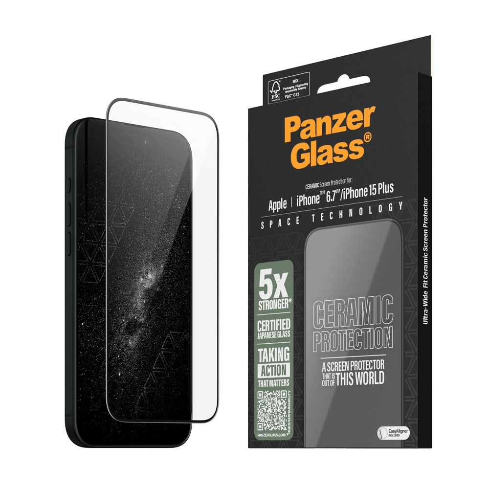 PanzerGlass iPhone 15 Plus / 16 Plus Ultra Wide Fit Ceramic Beskyttelsesglas m. EasyAligner - Sort Kant
