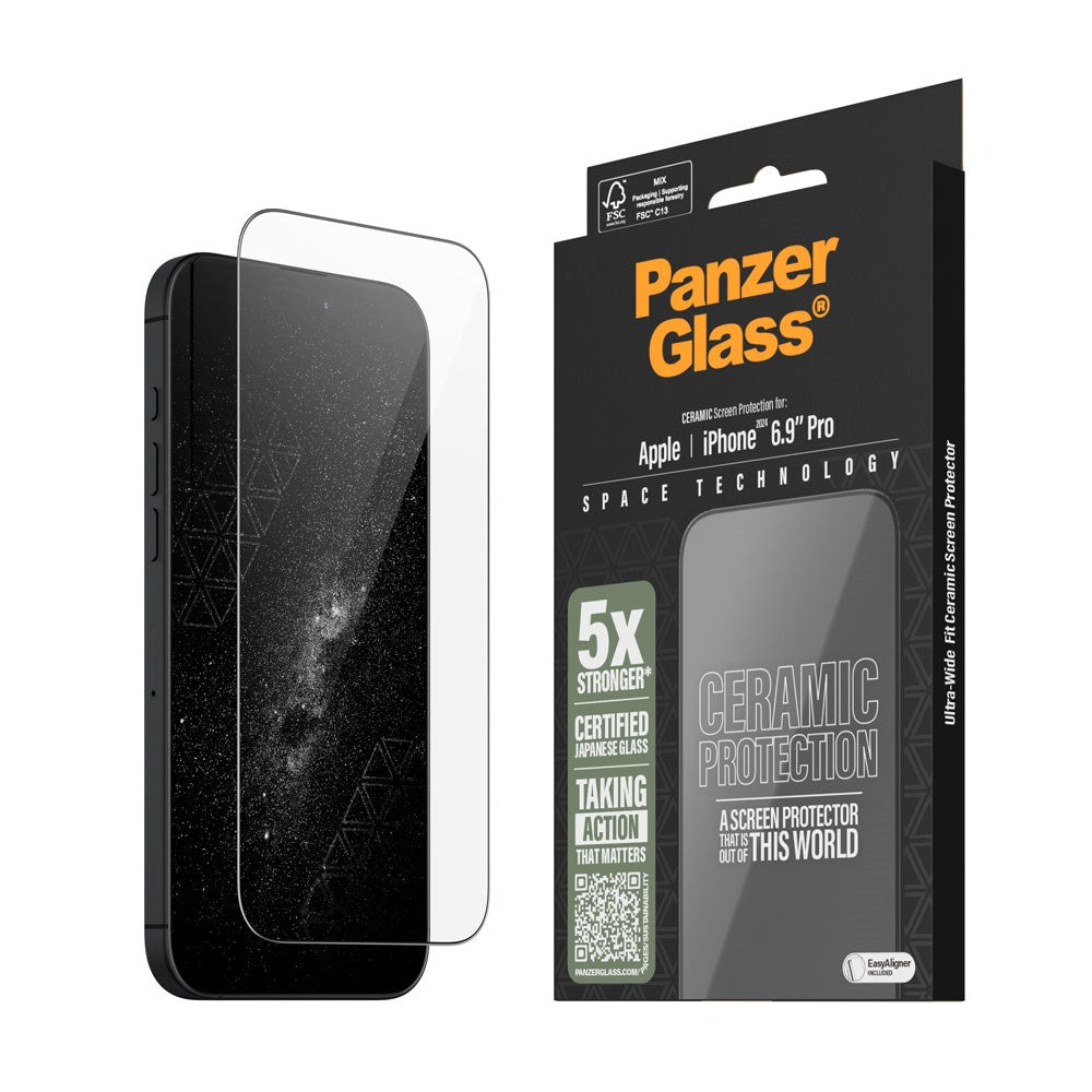 PanzerGlass iPhone 16 Pro Max Ultra Wide Fit Ceramic Beskyttelsesglas m. EasyAligner - Sort Kant
