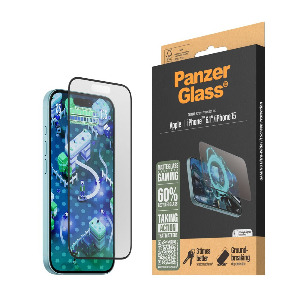 PanzerGlass iPhone 15 / 16 Ultra Wide Fit Beskyttelsesglas m. EasyAligner - Anti-Reflective - Diamond Strength - Gennemsigtig / Sort Kant