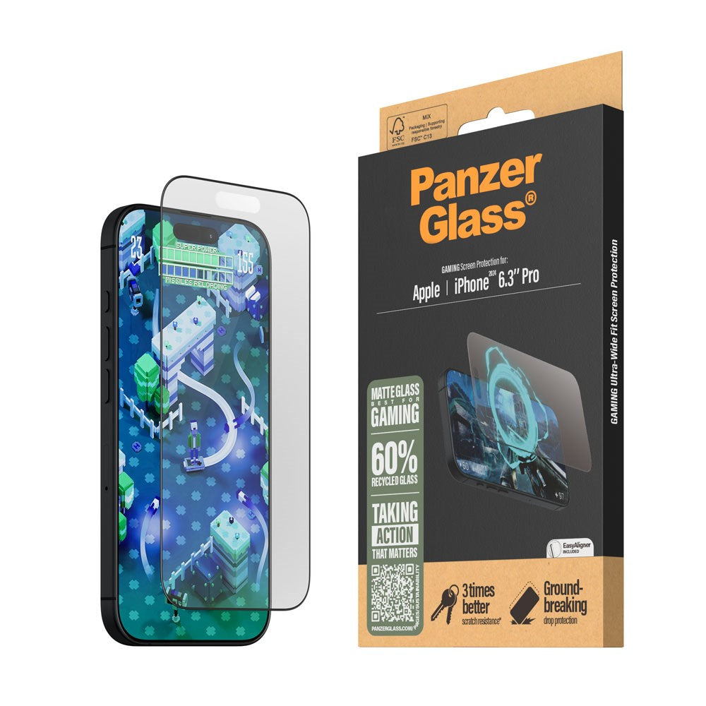 PanzerGlass iPhone 16 Pro Ultra Wide Fit Beskyttelsesglas m. EasyAligner - Anti-Reflective - Diamond Strength - Gennemsigtig / Sort Kant