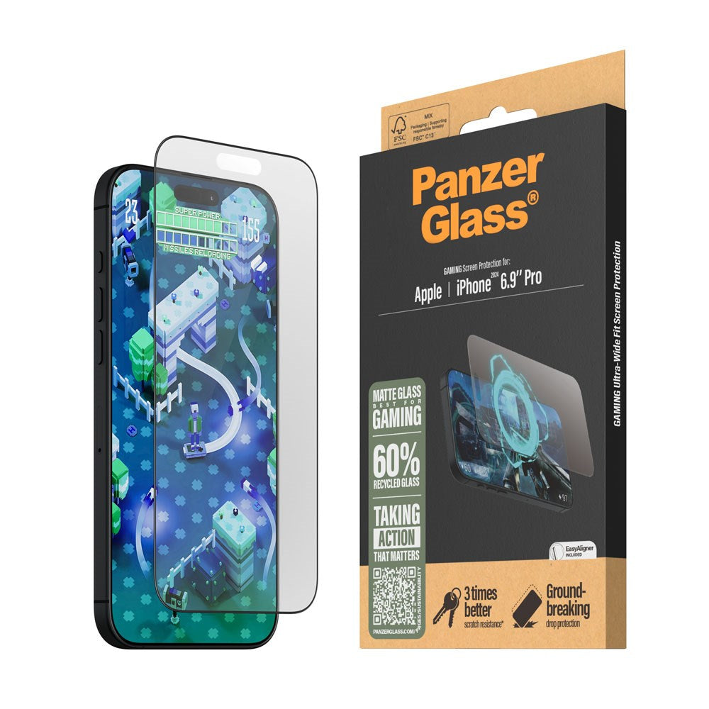PanzerGlass iPhone 16 Pro Max Ultra Wide Fit Beskyttelsesglas m. EasyAligner - Anti-Reflective - Diamond Strength - Gennemsigtig / Sort Kant