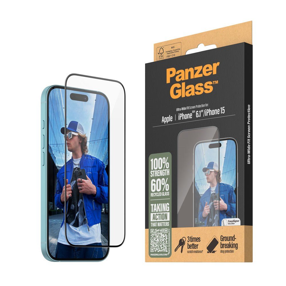 PanzerGlass iPhone 15 / 16 Ultra Wide Fit Beskyttelsesglas m. EasyAligner - Diamond Strength - Gennemsigtig / Sort Kant