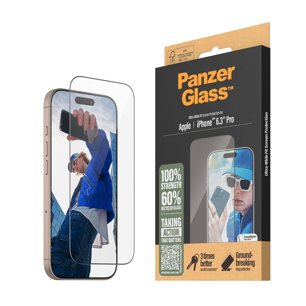 PanzerGlass iPhone 16 Pro Ultra Wide Fit Beskyttelsesglas m. EasyAligner - Diamond Strength - Gennemsigtig / Sort Kant