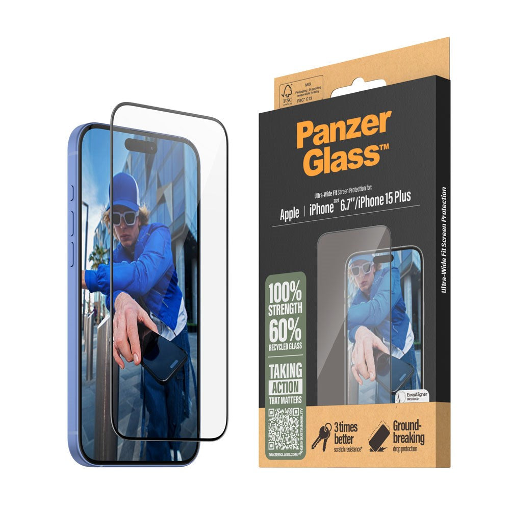 PanzerGlass iPhone 15 Plus / 16 Plus Ultra Wide Fit Beskyttelsesglas m. EasyAligner - Diamond Strength - Gennemsigtig / Sort Kant