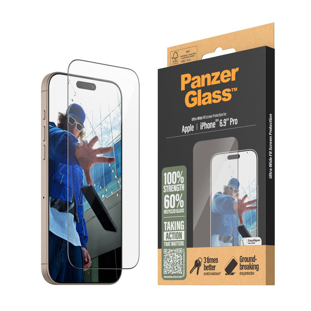 PanzerGlass iPhone 16 Pro Max Ultra Wide Fit Beskyttelsesglas m. EasyAligner - Diamond Strength - Gennemsigtig / Sort Kant