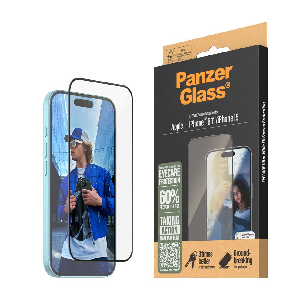 PanzerGlass iPhone 15 / 16 Ultra Wide Fit Beskyttelsesglas m. EasyAligner - EyeCare - Diamond Strength - Gennemsigtig / Sort Kant