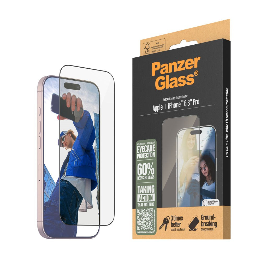 PanzerGlass iPhone 16 Pro Ultra Wide Fit Beskyttelsesglas m. EasyAligner - EyeCare - Diamond Strength - Gennemsigtig / Sort Kant