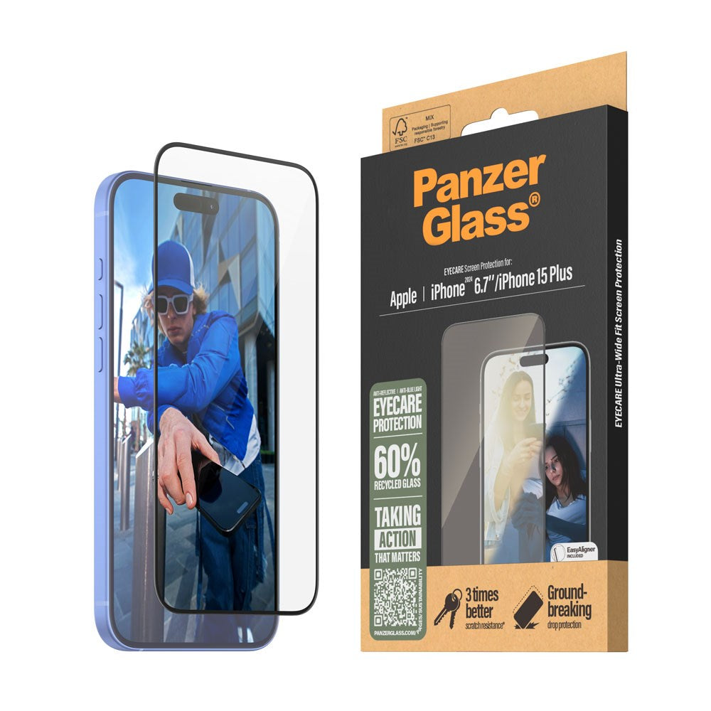 PanzerGlass iPhone 15 Plus / 16 Plus Ultra Wide Fit Beskyttelsesglas m. EasyAligner - EyeCare - Diamond Strength - Gennemsigtig / Sort Kant