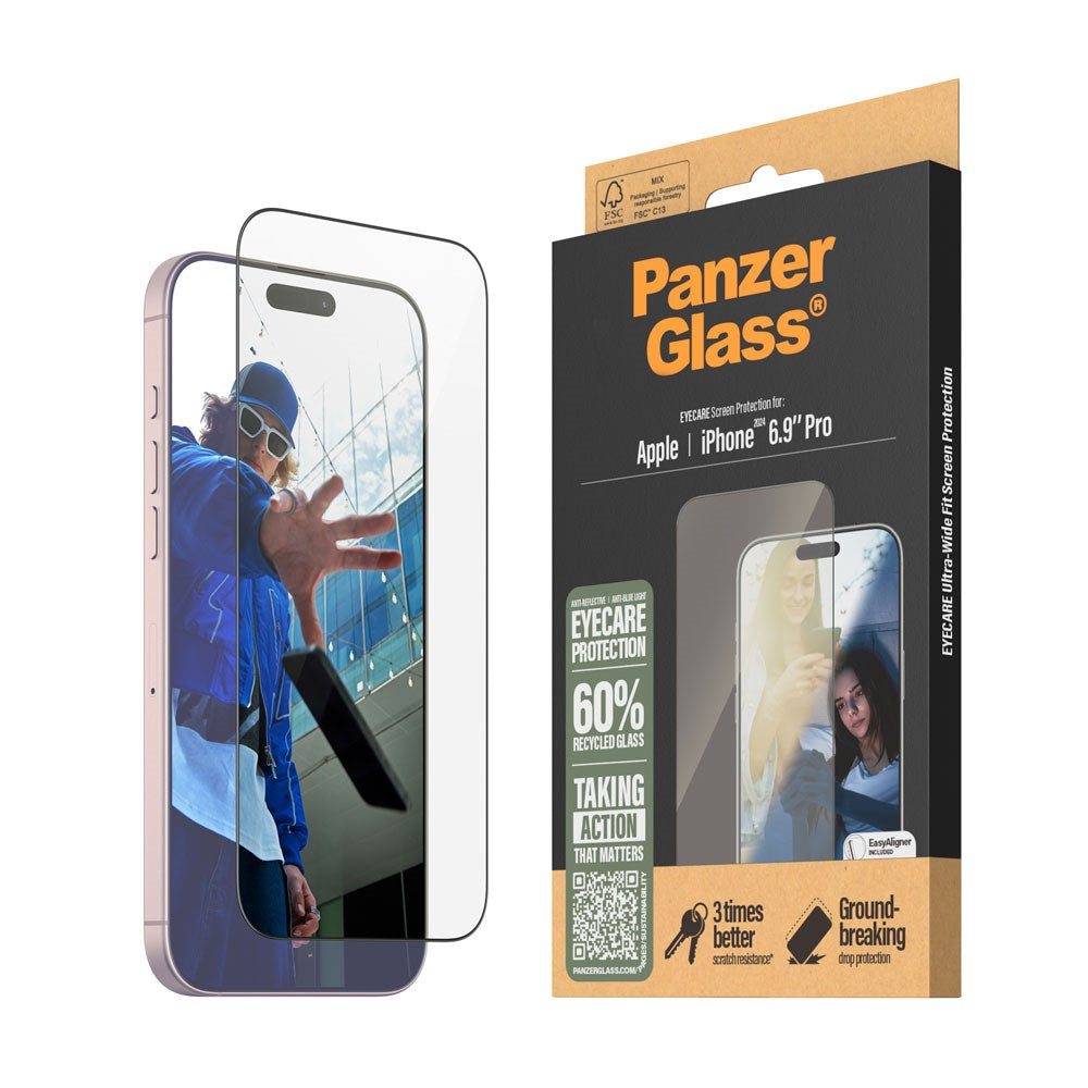 PanzerGlass iPhone 16 Pro Max Ultra Wide Fit Beskyttelsesglas m. EasyAligner - EyeCare - Diamond Strength - Gennemsigtig / Sort Kant