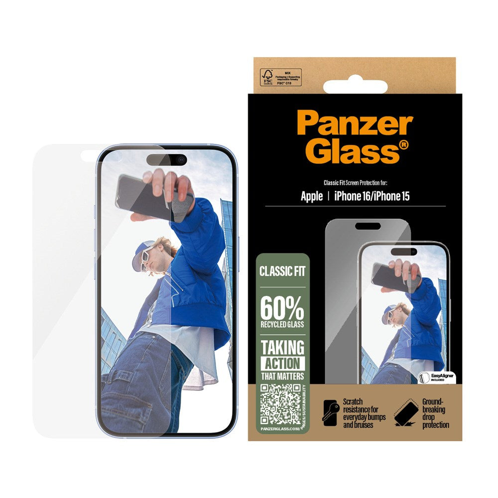 PanzerGlass iPhone 15 / 16 Classic Fit Beskyttelsesglas m. EasyAligner - Platinum Strength - Gennemsigtig