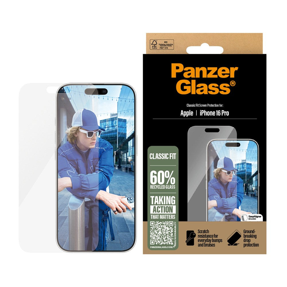 PanzerGlass iPhone 16 Pro Classic Fit Beskyttelsesglas m. EasyAligner - Platinum Strength - Gennemsigtig
