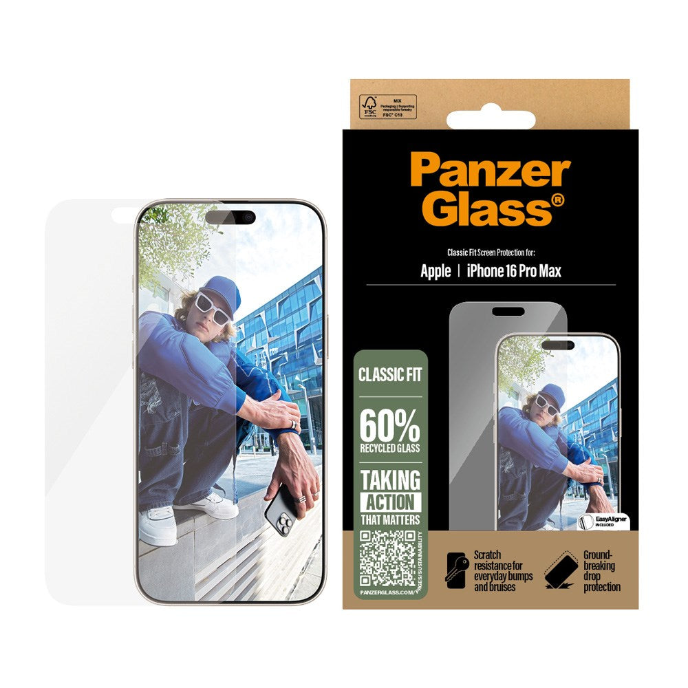 PanzerGlass iPhone 16 Pro Max Classic Fit Beskyttelsesglas m. EasyAligner - Platinum Strength - Gennemsigtig