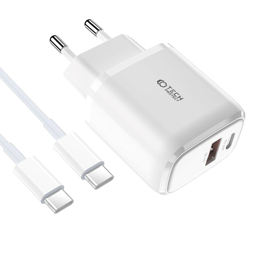 Tech-Protect 20W Vægoplader m. 1 x USB-C & 1 x USB-A - Power Delivery - Hvid