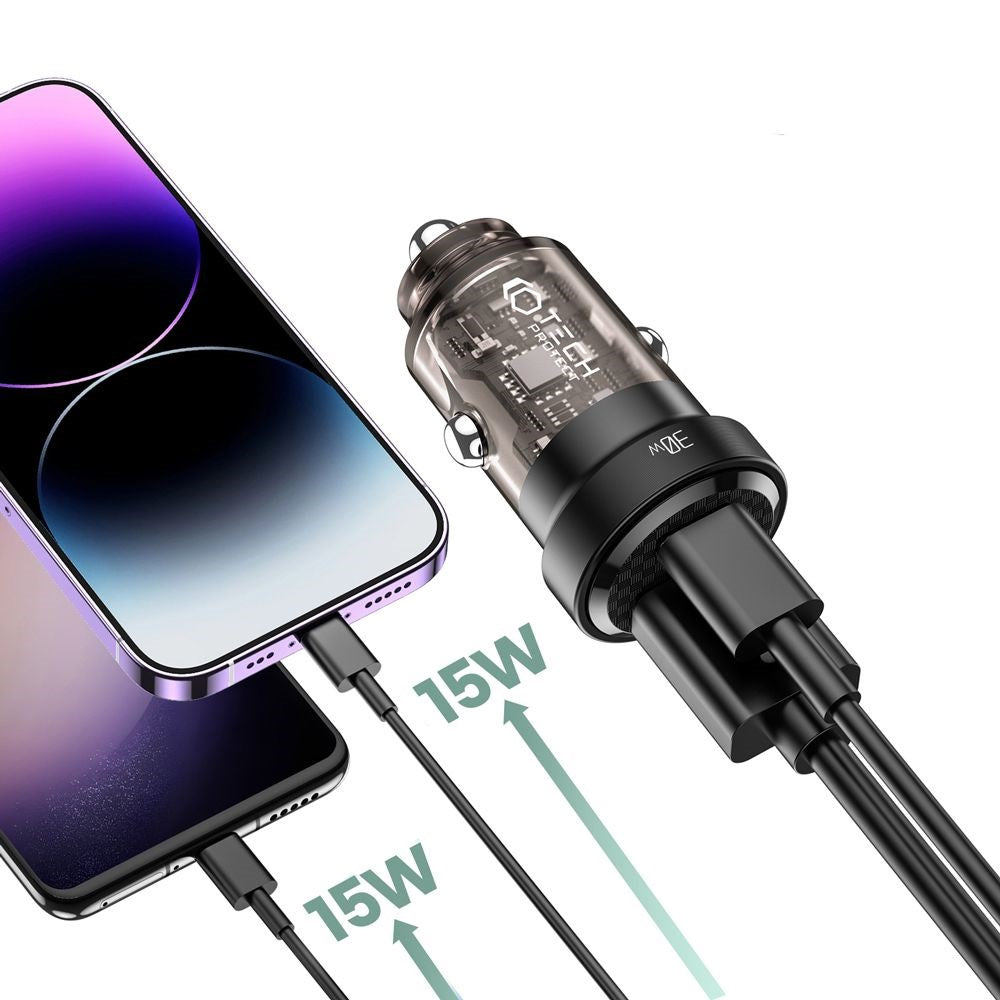Tech-Protect PD 30W Biloplader med USB-C & USB-A - Sort