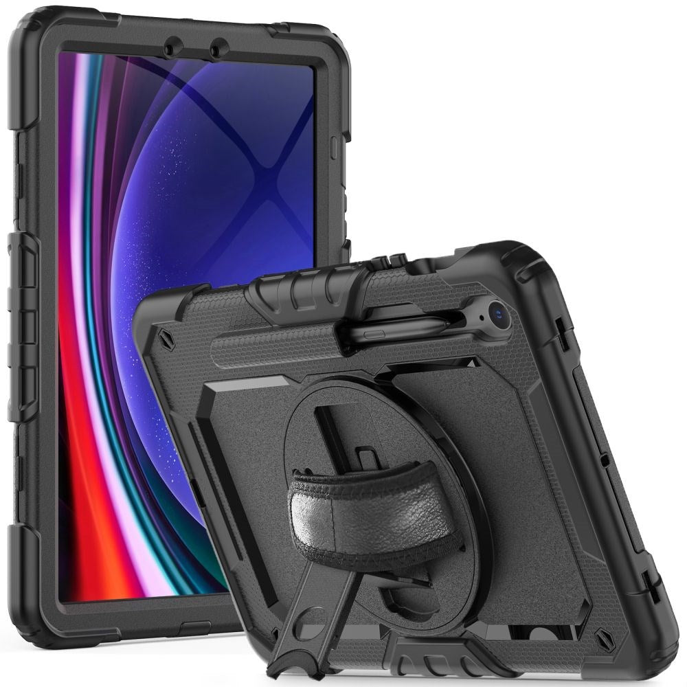 Samsung Galaxy Tab S10 FE / S9 FE Cover m. Beskyttelsesfilm, Håndholder & Skulderstrop - Tech-Protect Solid360 - Sort