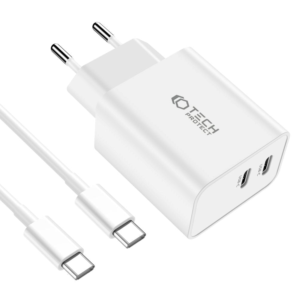 35W Vægoplader m. 2 x USB-C & USB-C Kabel - Tech-Protect - Hvid