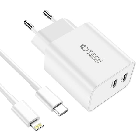 Network 35W Vægoplader m. 2 x USB-C & Lightning Kabel - Tech-Protect - Hvid